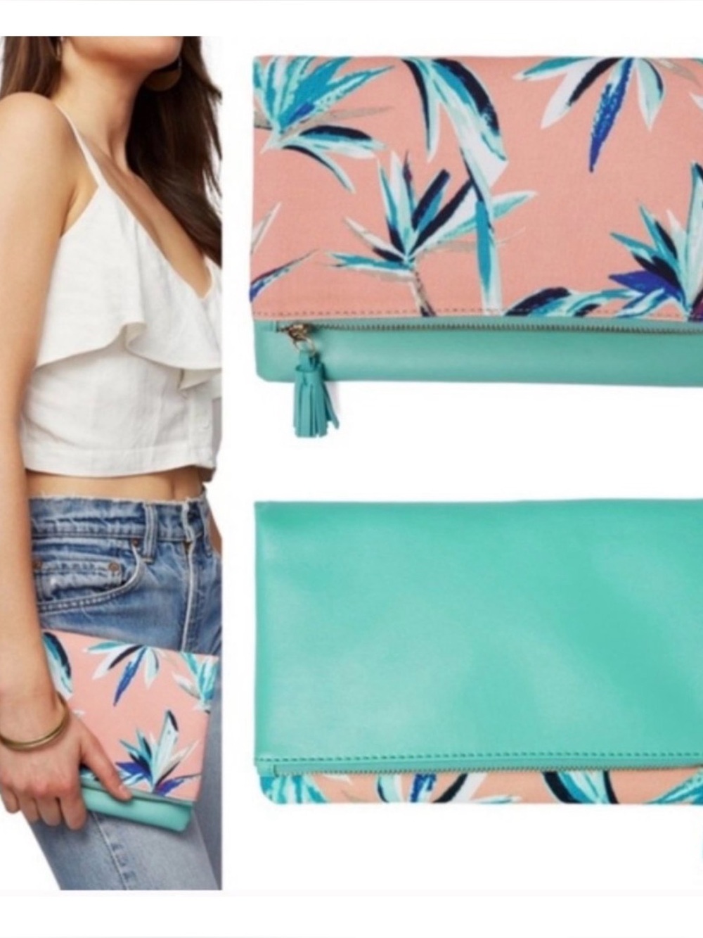 Rachel Pally Reversible Foldover Clutch Paradise Tropical Leaf Mint NWOT